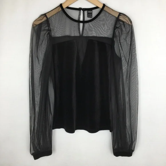 Sexy Y2K Gothic Velour Mesh Top Black Women’s Size M Whimsigoth Long Sleeve - Picture 2 of 10